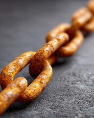 Macro Close up of a Rusty Iron Chain with Shallow Depth of Field against a Dark Textured Background