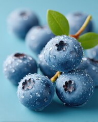 Macro Close-up of Fresh Blueberries Covered in Water Droplets with Green Leaves Against a Vibrant Blue Background Illuminated by Soft Studio Lighting
