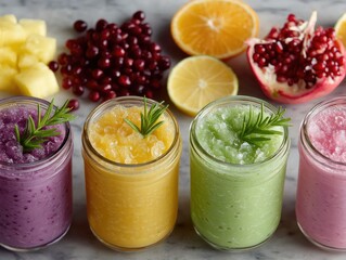 Overhead View Of Four Jars Filled With Colorful Fruit Smoothies And A Variety Of Fresh Fruits Such As Pineapple Pomegranate Orange And Lemon Arranged On A Marble Table