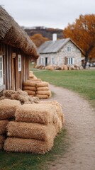 Rustic Farm Scene With Bundles of Harvested Wheat Hay Bales and Traditional Stone House in Autumn Landscape