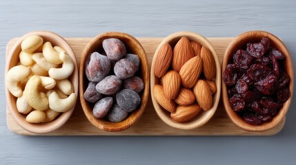 Rustic Flat Lay Of Four Bowls Filled With Assorted Nuts And Dried Fruits On A Wooden Board With A Soft Grey Background