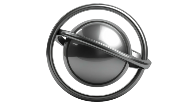 Spherical metallic object surrounded by two rings on black. Reflective, smooth texture creates a futuristic feel