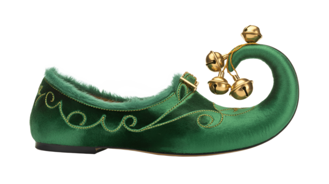 Festive and whimsical green elf shoe with bells and curled toe.