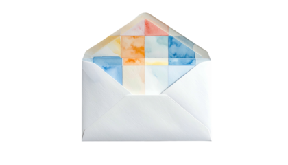 Open white envelope with colorful abstract watercolor squares pattern, isolated on black background