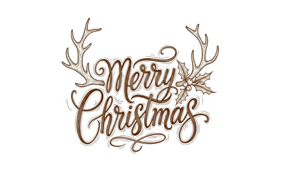 Brown Script Merry Christmas Calligraphy with Antlers and Holly Vector Typography on Transparent Background