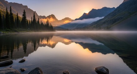 Serene mountain lake reflecting sunrise with mist and evergreen trees in tranquil landscape