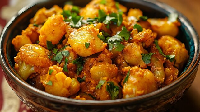 Traditional aloo gobi curry with potatoes and cauliflower served in rustic bowl, authentic indian cuisine with spices and herbs