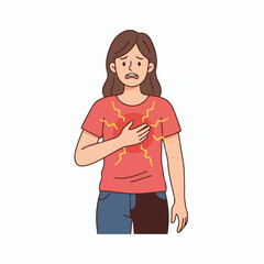 Woman clutching chest in pain, experiencing sudden heart discomfort and anxiety