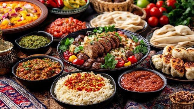 Traditional arabic and persian cuisine with assorted dishes on white background
