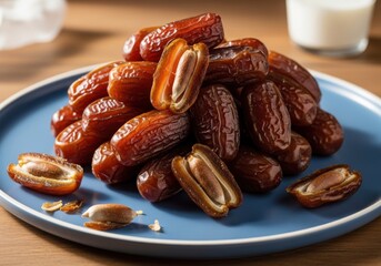 Arrangement of succulent dates on a vibrant blue plate, presented against a wooden table