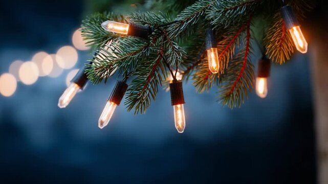 Glowing Lights of Festivity: Illuminated string lights twinkle on evergreen branches, casting a warm and inviting glow against a blurred backdrop, ideal for the holiday season or festive decor.
