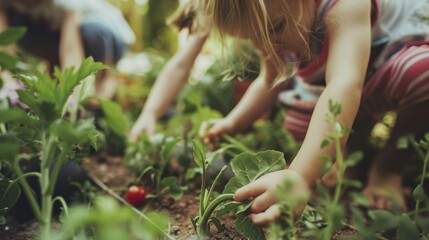 Children Harvesting Vegetables in Garden with Green Foliage and Natural Lighting