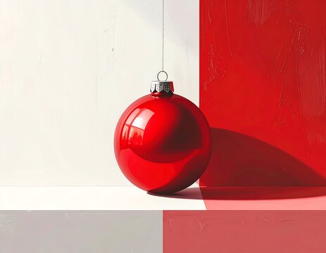 A shiny, red, hanging ornament in front of a two-toned white and red backdrop