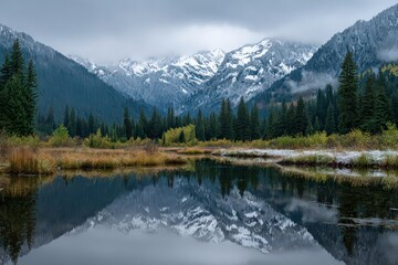 Reflections of Snowy Mountain Peaks in Still Lake with Evergreen Forest Under Overcast Sky in Cold Weather