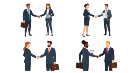 Business handshake illustrations with professionals in various scenarios isolated on transparent background