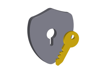 Simple 3D illustration of a shield icon with a key. Transparent background, PNG format