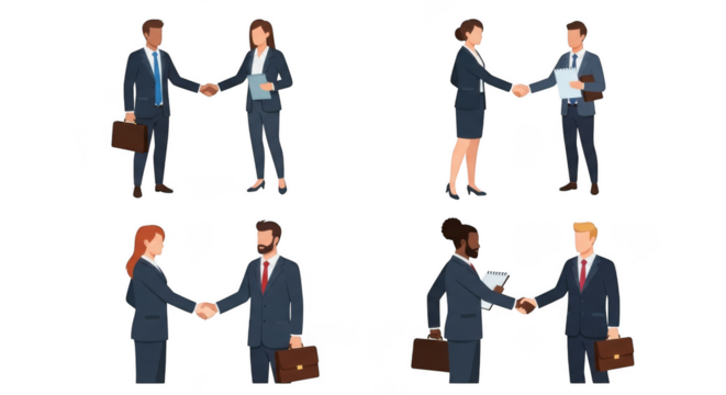 Business handshake illustrations with professionals in various scenarios isolated on transparent background