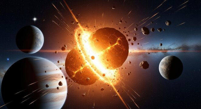 Spectacular cosmic collision creating planetary debris and explosive energy in deep space