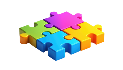 Interlocking puzzle pieces, each a different color, form a square on a solid black background, softly shadowed