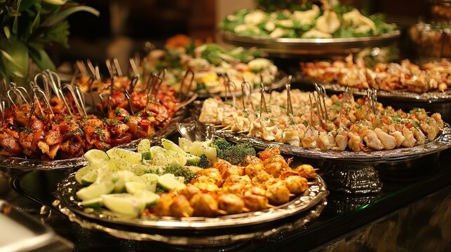 Variety of gourmet appetizers on elegant buffet table at reception