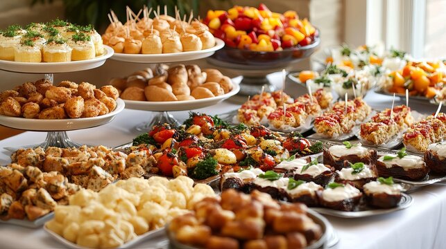 Variety of gourmet appetizers on elegant buffet table at reception