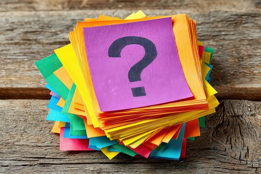 Stack Of Colorful Sticky Notes With Question Mark on Wooden Surface