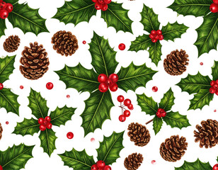 Seamless Christmas Pattern with Holly, Berries, and Pine Cones, Isolated on Transparent Background