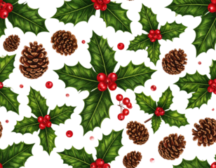 Seamless Christmas Pattern with Holly, Berries, and Pine Cones, Isolated on Transparent Background