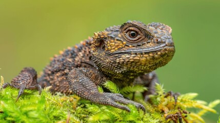 Obraz premium Close-up of a Brown Spiny Lizard Resting on Green Moss in Natural Environment