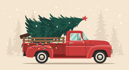 Red Retro Pickup Truck Carrying a Christmas Tree