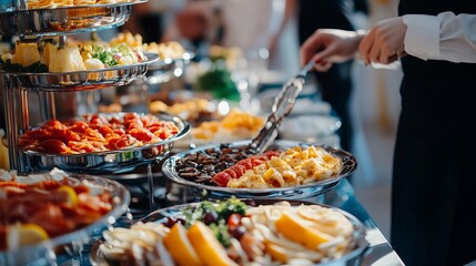 Catering buffet spread on a long table in hotel restaurant with assorted gourmet dishes and elegant presentation