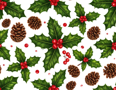 Seamless Christmas Pattern with Holly, Berries, and Pine Cones, Isolated on Transparent Background