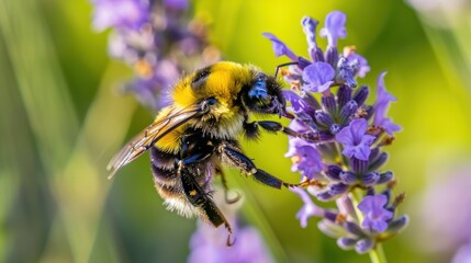 Fototapeta premium Close-up of a Bumblebee Pollinating Purple Lavender Flower in Bright Natural Light