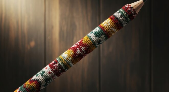 Stylized writing tool, pencil enveloped in a vibrant handcrafted colorful knitted sheath on wooden