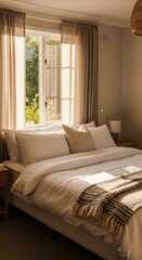 Sun-drenched tranquility: a serene bedroom scene bathed in soft morning light creates a calming