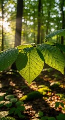 Sunlit forest leaves glistening with morning dew conveying freshness and tranquility