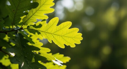 Sunlit oak leaves in a forest canopy offering a serene nature background creating a fresh and