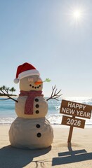 Sunny shores celebration: A snowman enjoys tropical vibes for New Year's greeting