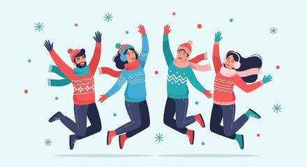 Friends in Warm Clothes Jumping on Snowy Day