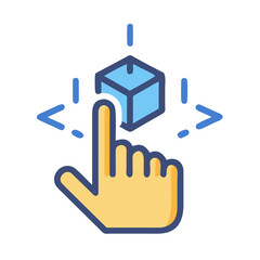 A hand touching a blue 3D cube, illustration symbolizing touch technology and interaction