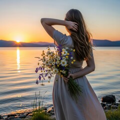 Dreamy sunset silhouette with wildflowers and serene lakeside reflection