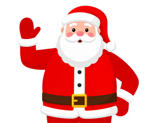 Cartoon Santa Waving Happily with Raised Hand, Cute Holiday Character, Isolated PNG