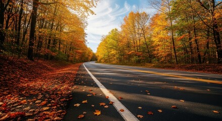 Scenic autumn road with colorful foliage and a clear blue sky above trees