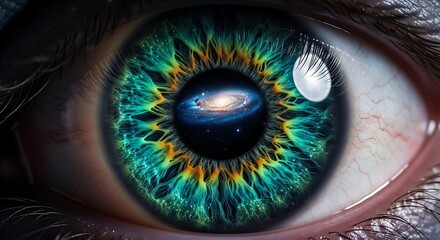 A mesmerizing macro view of a human eye with a vibrant iris reflecting a swirling spiral galaxy, symbolizing the universe within