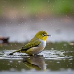 Elegant silvereye bird soaking in the rain puddles and reflecting nature