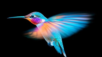 Fototapeta premium Colorful hummingbird in mid-flight showcasing vibrant wings in high speed motion against a dark background