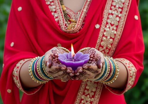 Red Saree Hands Holding Purple Flower Candle and Bangles. Generative Ai