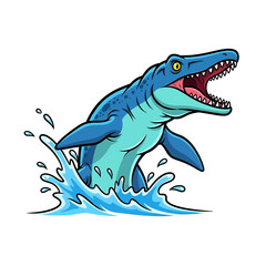 Obraz premium Cartoon mosasaur emerging from water with open mouth and sharp teeth, illustration.
