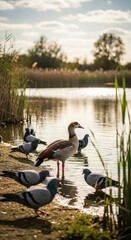 Picturesque scene of ducks and pigeons gathering by the serene waterside