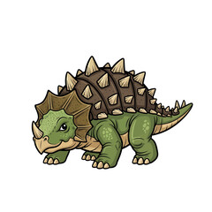 Fototapeta premium A cute, cartoon-style illustration of a green Ankylosaurus dinosaur with a spiky brown shell and a frill around its head.